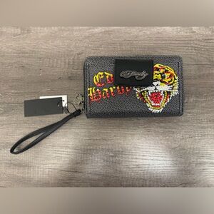 Ed Hardy Black and Yellow crystal Tiger Wristlet wallet